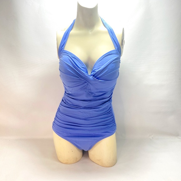 Liz Claiborne One Piece Swimsuit 16 Ruched Front Tie Neck Strap Light Padded - Picture 1 of 13